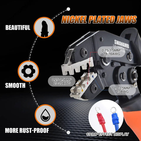 Crimping Tool Kit With 280 Insulated Wire Connectors For AWG 23-13 0.25-2.5mm2 Heavy Duty Pliers showing nickel-plated jaws