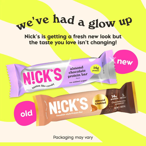 Nick's almond chocolate protein bar packaging, comparison of old and new designs, highlighting taste consistency and protein content.