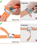 Visual guide on strap positioning for car seat travel cart. Illustrates proper 'Cross over' and incorrect 'Underpass' methods.