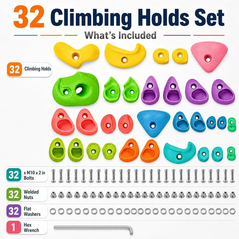 32 Piece Rock Climbing Holds Set With Mounting Hardware And Hex Wrench For Indoor And Outdoor Walls Multi Size And Color Grips