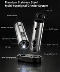 Xinkor Electric Salt And Pepper Grinder Set With Usb Rechargeable Charging Base, stainless steel body, adjustable grind knob, dual charging dock.