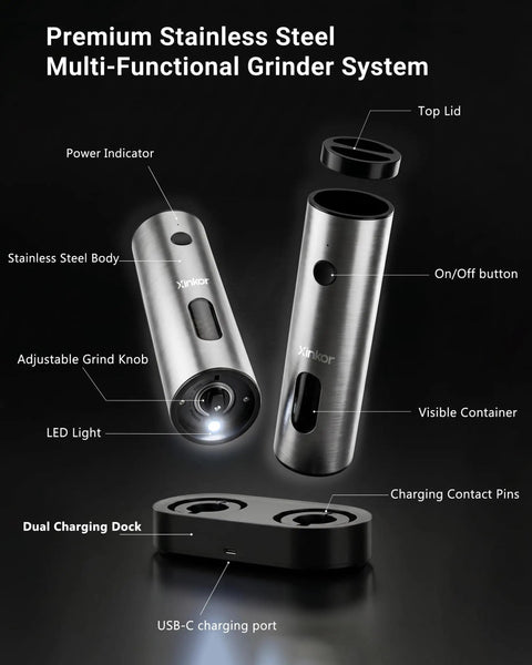 Xinkor Electric Salt And Pepper Grinder Set With Usb Rechargeable Charging Base, stainless steel body, adjustable grind knob, dual charging dock.