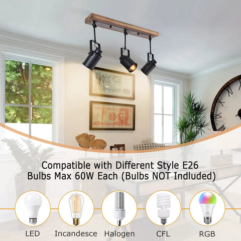 Three Light Farmhouse Track Lighting Fixture In Black Wood Finish With Industrial Adjustable Heads in a modern living room