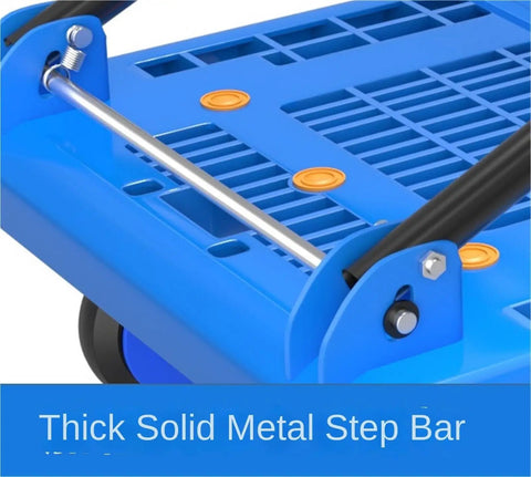 Heavy Duty Foldable Push Hand Cart Platform Truck With Wheels And Metal Handle For Transport Built To Haul Big Loads At Work Or Home Easy Fold Up Design Smooth Quiet Rolling To Save Your Back, blue metal step bar