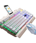 Game Ready Rgb Gaming Keyboard And Wired Led Mouse Combo with RGB lights, white keys, and stand for mobile devices.
