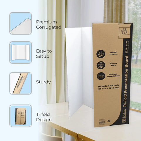 36 Inch By 48 Inch White Tri Fold Corrugated Presentation Board Case Of 24 For School Projects And Classroom Displays Ideal For Exhibits And Poster Displays displayed with packaging in a classroom setting, highlighting premium design.