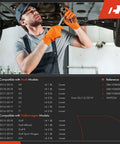 Mechanic working on car engine displaying lower engine oil pan sump compatibility chart for Audi and Volkswagen models.