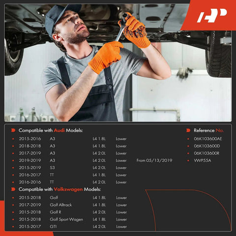 Mechanic working on car engine displaying lower engine oil pan sump compatibility chart for Audi and Volkswagen models.