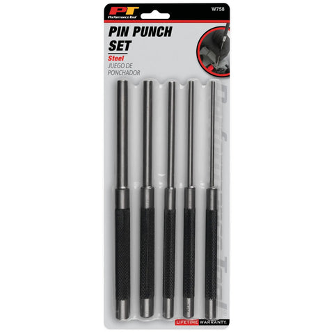 8 Inch Long Pin Punch Set 5 Piece Carbon Steel With Knurled Handles For Deep Pin Removal In Obstructed Areas in packaging