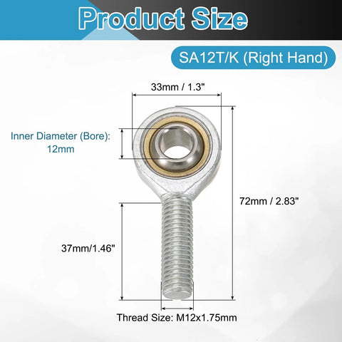 4 Pack SA12TK Rod End Bearing Set With 12mm Bore M12x1.75 Right Hand Male Thread Self Lubricating Joint Rod Ends With Jam Nuts Built Tough For Heavy Duty Mechanical Linkage Chrome Steel, size diagram