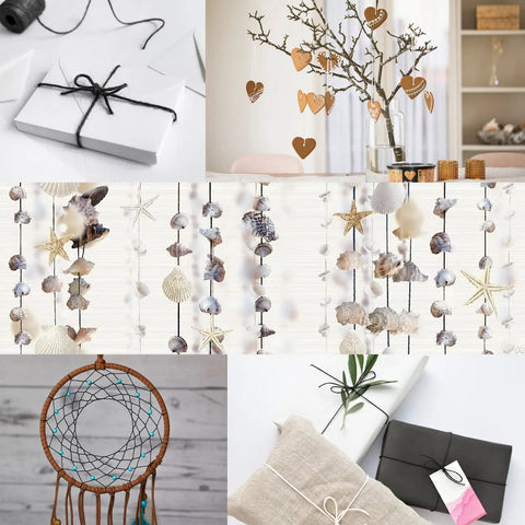 Decorative uses of Three Rolls Of 984 Ft Twine String 2mm Natural Jute And White Cotton Rope for crafts and gift wrapping displayed.