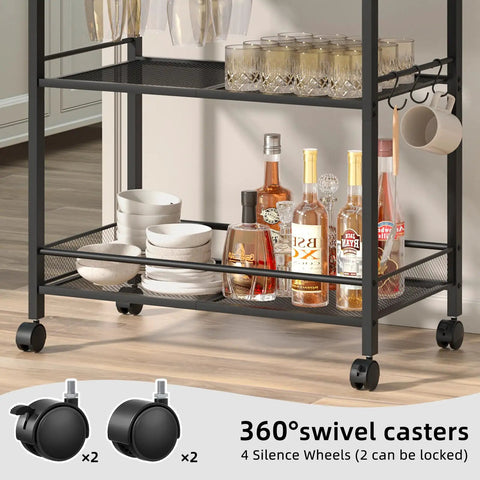 Sleek Black Three Tier Bar Cart With Smooth Rolling Lockable Wheels And Top Shelf Storage featuring 360° swivel casters, glassware and bottles.