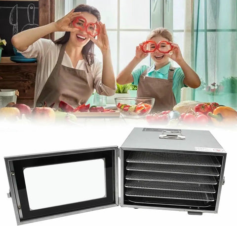 Six Tray Electric Food Dehydrator Machine With Dead Simple Operation Adjustable Temperature And Timer Slick Stainless Steel Build, clear window showing drying racks.