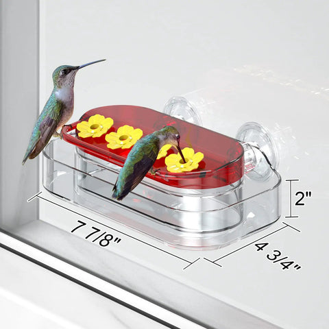 Two Pack Window Hummingbird Feeder With Four Feeding Ports, Ultra Strong Suction Cups, Clear and Red Plastic Design, Mounted on Window