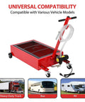 Heavy Duty 20 Gallon Oil Drain Pan With Electric Pump For Cars Trucks And Rvs, showing red fluid extractor with wheels and hose.