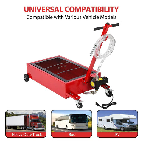 Heavy Duty 20 Gallon Oil Drain Pan With Electric Pump For Cars Trucks And Rvs, showing red fluid extractor with wheels and hose.