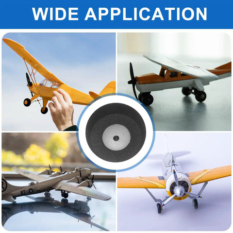 RC Airplane Wheels Foam Sponge Tires Replacement Kit for DIY Planes and Helicopters, shown on model aircraft.