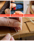 Pro Grade Leather Sewing Kit With Waxed Thread, 22 Pcs, 6 Color Spools, Hand Stitching Essentials in use on leather and fabric