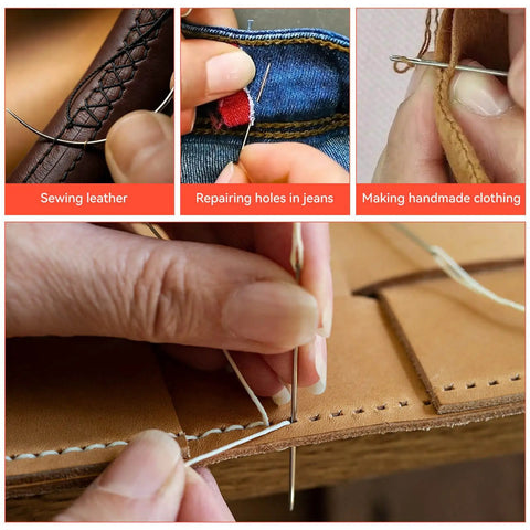 Pro Grade Leather Sewing Kit With Waxed Thread, 22 Pcs, 6 Color Spools, Hand Stitching Essentials in use on leather and fabric