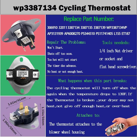 Dryer Thermostat and Thermal Fuse Kit With 3387134 Thermostat and 3977393 3392519 Fuses 3977767 Thermostat for Whirlpool Kenmore
