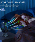 Woman sleeping with USB Desk Fan Mini Portable Personal Desktop Cooling Fan With Three Speeds, Plug In Power, Quiet Brushless Motor, 360 Degree Rotation Delivers Strong Wind, Lightweight Compact For Home Office Travel Bedroom, Black And Blue on nightstand.