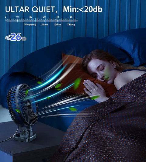 Woman sleeping with USB Desk Fan Mini Portable Personal Desktop Cooling Fan With Three Speeds, Plug In Power, Quiet Brushless Motor, 360 Degree Rotation Delivers Strong Wind, Lightweight Compact For Home Office Travel Bedroom, Black And Blue on nightstand.