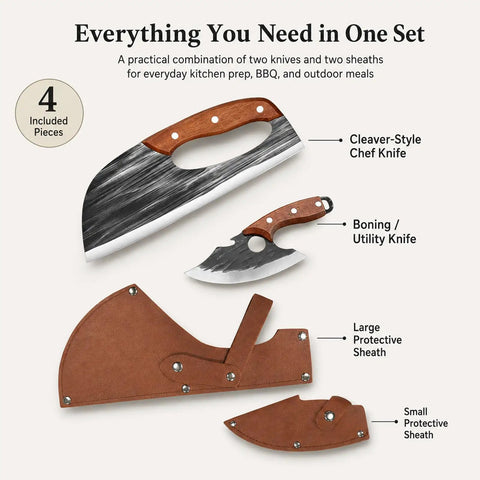 Two Piece Hand Forged Chef Knife And Boning Knife Set With Wooden Handle And Leather Sheath displayed with labeled parts.