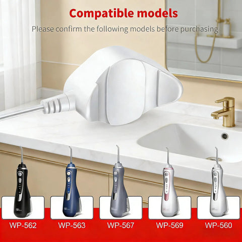 Replacement Charger For Cordless Water Flosser WP 560 562 563 567 569 With 6V 1A Power Adapter And 4.9 Ft Cable shown on bathroom counter
