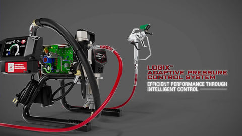 Heavy Duty Electric Airless Paint Sprayer With Skid Mount And Smart Flow Adjustment For Contractors Who Want A Slick Top Shelf Finish On Large Jobs Without Breaking A Sweat Daily, showcasing the LOGIX Adaptive Pressure Control System.