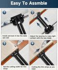 Four-panel image showing installation and use of the Triple Pulley Thin Rip Jig For Table Saw And Router Table.