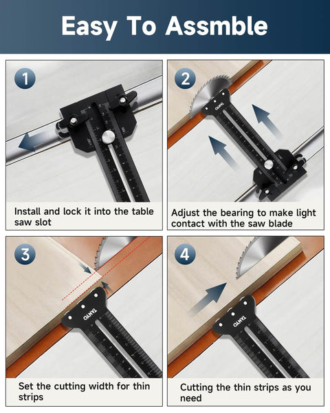 Four-panel image showing installation and use of the Triple Pulley Thin Rip Jig For Table Saw And Router Table.