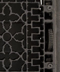 Detail of Cast Iron Floor Register Grate Grill 12 x 14 Inch Openwork Vent Cover Matte Black With Corner Mounting Holes