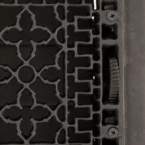 Detail of Cast Iron Floor Register Grate Grill 12 x 14 Inch Openwork Vent Cover Matte Black With Corner Mounting Holes