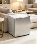 Slick Compact 1.1 Cu Ft Mini Freezer With Smooth Five Step Temperature Control And Reversible Door in a modern living room.