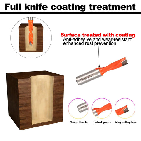 Tough As Nails Three Pc Hinge Boring Drill Bit Set With 1 3/8 RH Forstner features full knife coating on drill bits.