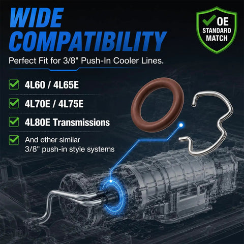 3/8 Inch Transmission Oil Cooler Line Replacement Clips And O-Rings Kit With E-Clips For 4L60, 4L65E, 4L70E Transmissions displayed