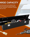69 Inch Heavy Duty Crossover Aluminum Truck Toolbox With Rust Proof Secure Slam Latch Pickup Bed Storage Chest For Contractors Built To Thrash Real Deal Cargo Organizer with tools visible inside.