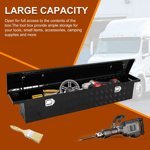 69 Inch Heavy Duty Crossover Aluminum Truck Toolbox With Rust Proof Secure Slam Latch Pickup Bed Storage Chest For Contractors Built To Thrash Real Deal Cargo Organizer with tools visible inside.