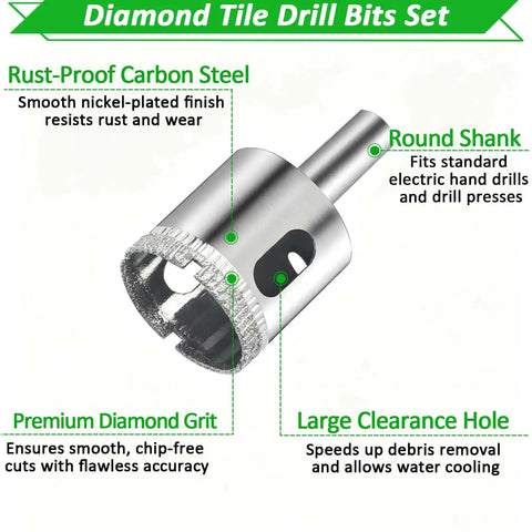 Rock Solid Workhorse 16 Piece Diamond Hole Saw Kit With Double Suction Cup Guide And Four Bearing Jig showing diamond drill bit features.