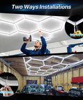 Gen 2 Hexagon Garage LED Light With 3 Level Dimmable Power 168W 16800LM installed in a garage with zip tie and screw mount options