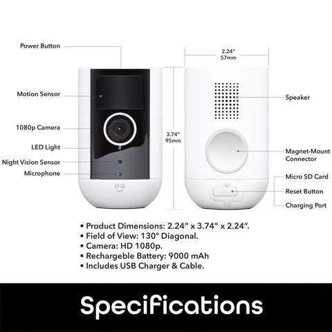 Diagram showing front and rear views with features of the Freebird 2K Wireless Security Camera Battery Powered Outdoor Camera Magnetic Mount Night Vision Waterproof 2 Way Audio Motion Detection Works With Alexa Google Assistant.
