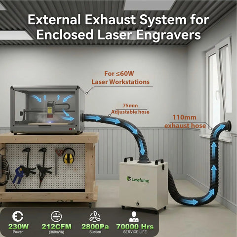 Heavy Duty LF106 Laser Fume Extractor For Engravers And Crafters, 230W Motor, 360 m3h Exhaust, HEPA Carbon Filter setup