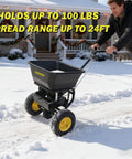 Pro Grade Walk Behind Broadcast Spreader for All Season Lawn Care, 100Lb Hopper, 13 Inch Tires, spreading salt on snowy path.
