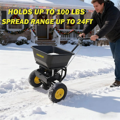 Pro Grade Walk Behind Broadcast Spreader for All Season Lawn Care, 100Lb Hopper, 13 Inch Tires, spreading salt on snowy path.