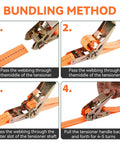 Heavy Duty Ratchet Tie Down Straps 1 Inch Wide By 20 Feet Long Orange Cargo Straps With 2200 Lbs Working Load Limit One Piece Ratchet Design Four Pack For Truck Trailer SUV Hauling shown in bundling method instructions