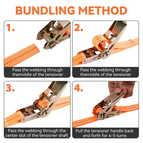 Heavy Duty Ratchet Tie Down Straps 1 Inch Wide By 20 Feet Long Orange Cargo Straps With 2200 Lbs Working Load Limit One Piece Ratchet Design Four Pack For Truck Trailer SUV Hauling shown in bundling method instructions