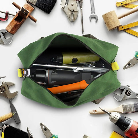 Canvas Tool Bag For Handyman Pros 12 Inch Small Tote with tools inside. Zipper open showing wrenches and screwdrivers on canvas surface.