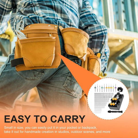 Worker with leather tool belt highlighting Mini Drill Press Vise Kit With 0 To 2.17 Inch Clamping Range And Four Jaw Bench Vise.
