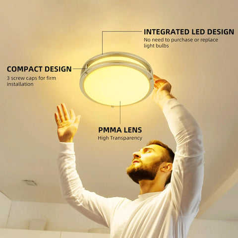 Person installing 10 Inch Flush Mount LED Ceiling Light Fixture, 17W 1100 lm, Adjustable Color Temperature 2700K to 5000K.