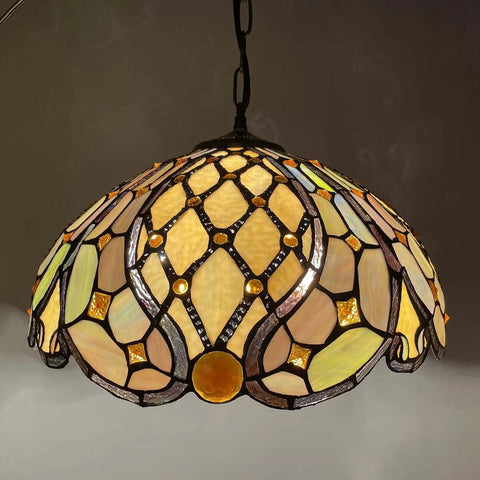 Tiffany Style Stained Glass Ceiling Pendant Light With Baroque Vibe, Handmade Glass Shade, intricate multicolor design